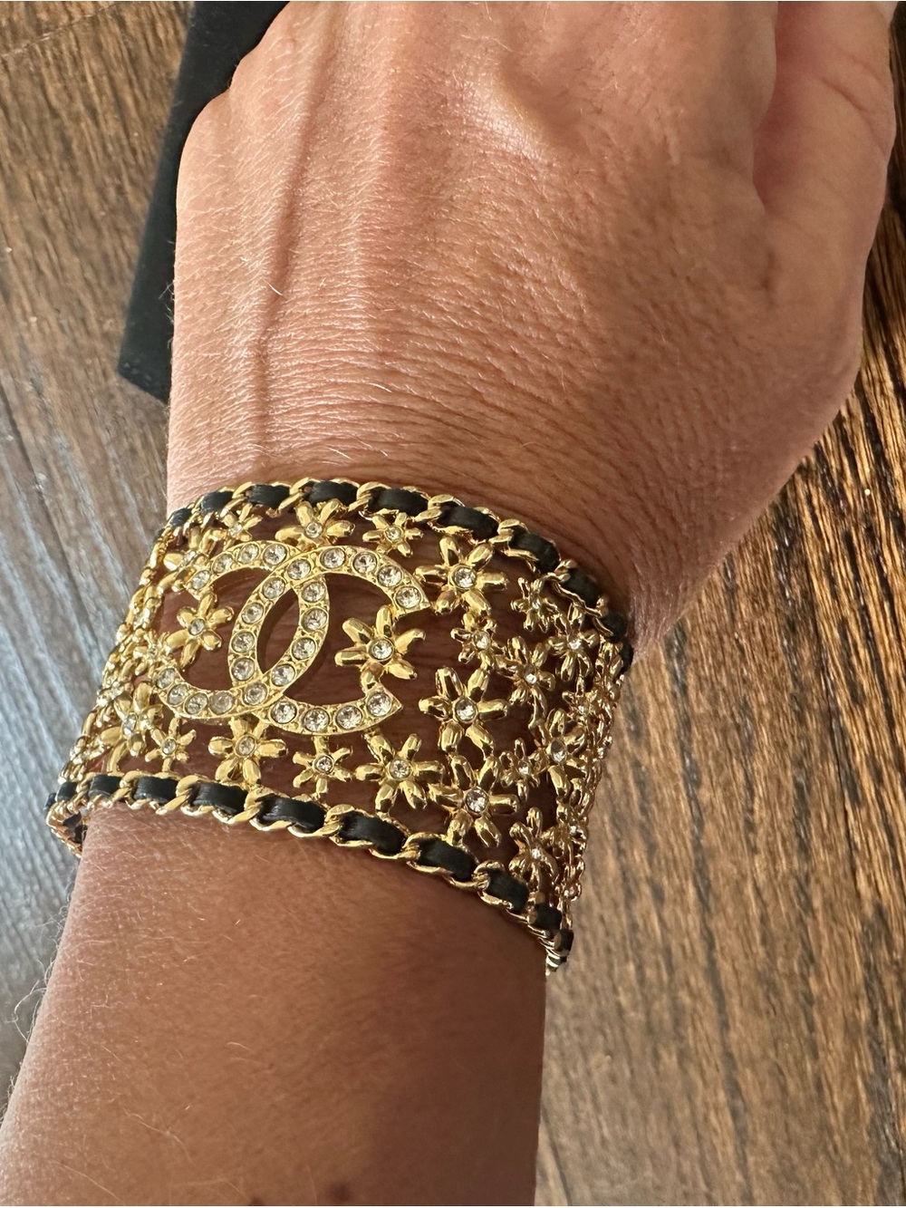 CHANEL Gold Crystal CC Filigree Cuff Bracelet with Black Leather Weave - Picture 5 of 5